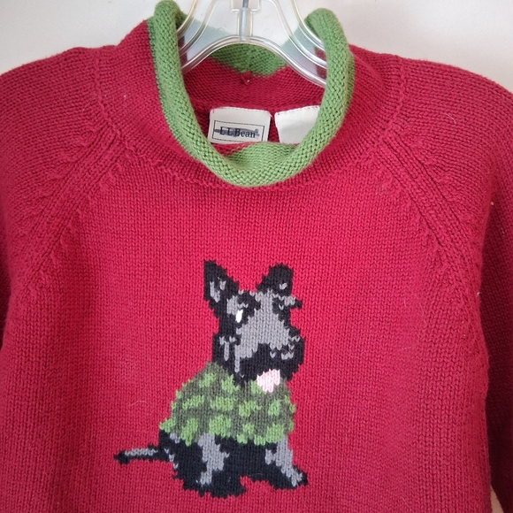 L.L. Bean Kid's Red and Green Cotton Sweater with Scottie Dog Design Sz 12-18 M - Picture 2 of 12